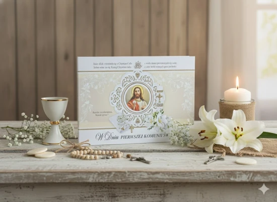 Pamiątka Pierwszej Komunii Świętej – album z modlitwami i kopertą na upominek