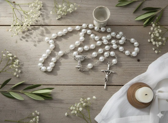 Łącznik IHS – symbol Eucharystii – przypomnienie o darze Pierwszej Komunii Świętej.
