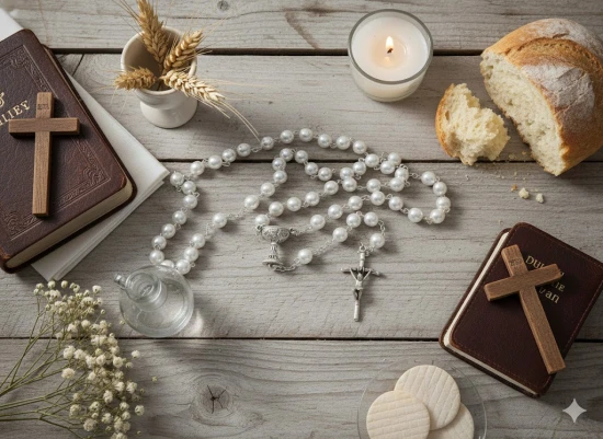 Łącznik IHS – symbol Eucharystii – przypomnienie o darze Pierwszej Komunii Świętej.