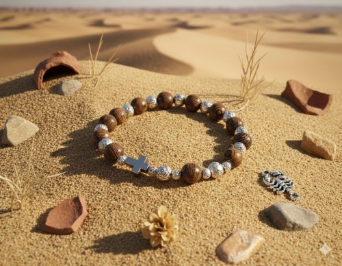 Krzyżyk z hematytu – subtelny akcent podkreślający duchowy charakter bransoletki.