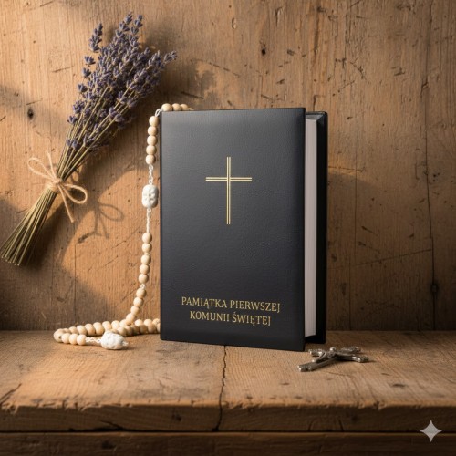 Złoty krzyż i napis – subtelne zdobienie podkreślające sakralny charakter.