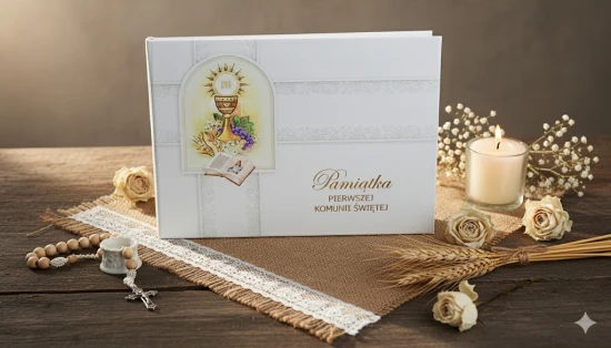Pamiątka Pierwszej Komunii Świętej – album z modlitwami i kopertą na upominek