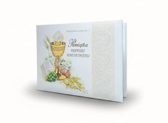 Pamiątka Pierwszej Komunii Świętej – album z modlitwami i kopertą na upominek