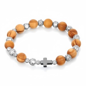 Bransoletka dziesiątek różańca z drzewa oliwnego – róża papieska i krzyżyk z hematytu