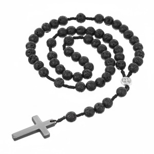 Różaniec z lawy wulkanicznej – kamień naturalny, medalik św. Benedykta