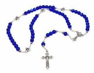 Różaniec komunijny IHS z masy perłowej szafir – kamienie naturalne, makrama
