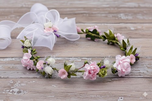 Subtelna tiulowa kokarda dodaje elegancji i podkreśla uroczysty charakter wianka.