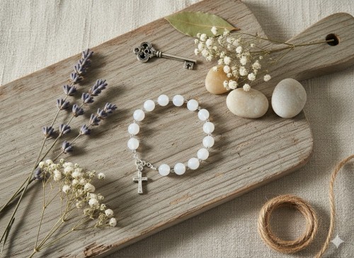 Subtelny krzyżyk Klasyczny symbol wiary, delikatnie dopełniający całość.