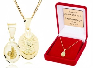 Srebrny pozłacany medalik Serce Jezusa / MB Szkaplerzna – próba 925, dedykacja