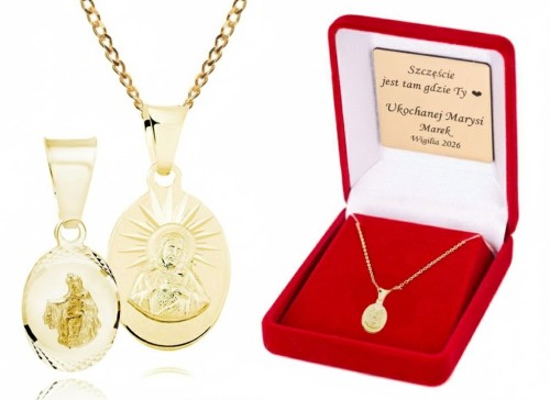 Dwustronny medalik Serce Jezusa i Matka Boża Szkaplerzna – symbol miłości, opieki i zawierzenia.