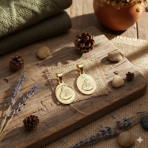 Dwustronny medalik Serce Jezusa i Matka Boża Szkaplerzna – symbol miłości, opieki i zawierzenia.