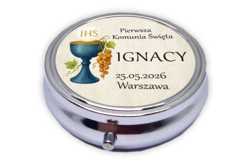 Personalizowane metalowe pudełko komunijne na różaniec z imieniem dziecka i symbolem IHS
