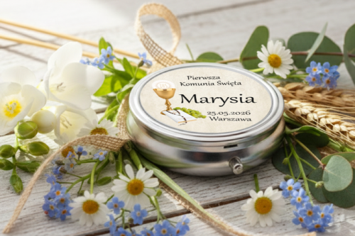 Personalizowane metalowe pudełko komunijne na różaniec z imieniem dziecka i symbolem IHS