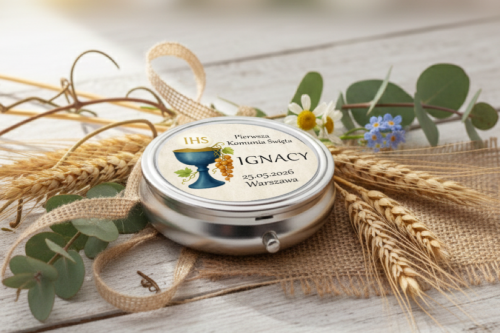 Personalizowane metalowe pudełko komunijne na różaniec z imieniem dziecka i symbolem IHS