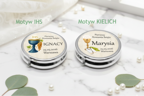 Personalizowane metalowe pudełko komunijne na różaniec z imieniem dziecka i symbolem IHS