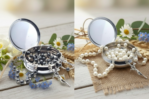 Personalizowane metalowe pudełko komunijne na różaniec z imieniem dziecka i symbolem IHS