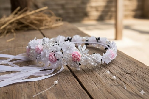 Perłowe detale i transparentne listki dodają wiankowi subtelnej elegancji.