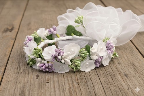 Subtelne perłowe detale i zielone listki nadają całości lekkości.