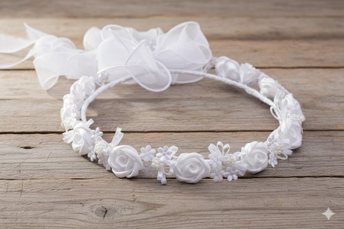 Delikatna kokarda z organzy podkreśla uroczysty charakter wianka.