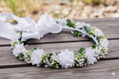 Klasyczna biała kokarda z wstążkami podkreśla uroczysty charakter.