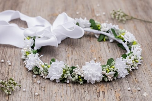 Delikatne pączki i listki nadają wiankowi lekkości i elegancji.