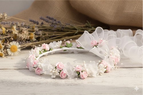 Duża kokarda z organzy pięknie podkreśla uroczysty charakter.