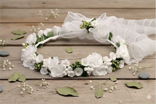 Delikatne listki i pączki nadają wiankowi lekkości i harmonii.