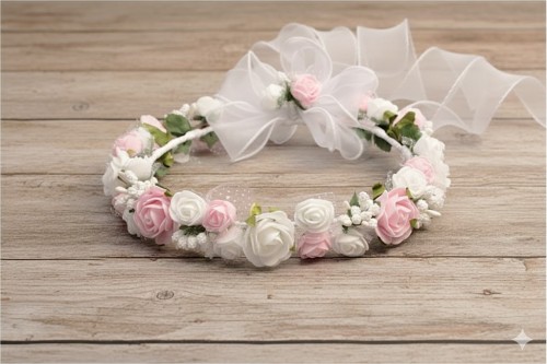 Perłowe detale dodają wiankowi subtelnego blasku.