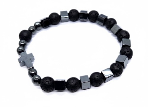 Bransoletka różaniec dziesiątka z lawy wulkanicznej i hematytu