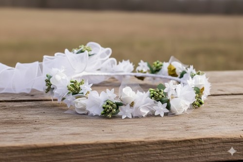 Delikatne listki i pączki nadają wiankowi świeżości i harmonii.