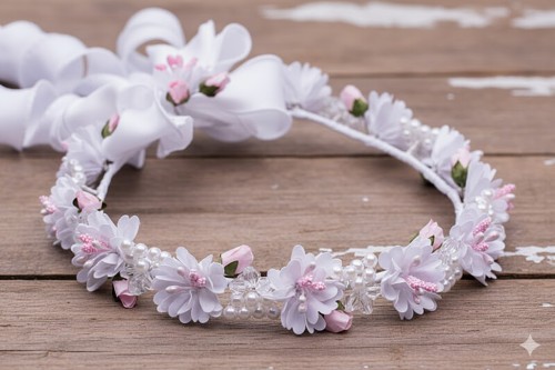 Delikatne różowe akcenty nadają wiankowi dziewczęcego uroku.