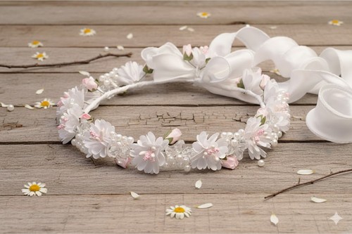 Perełki i kryształki subtelnie odbijają światło, dodając uroczystego blasku.