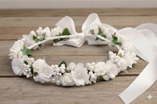 Subtelne perełki nadają wiankowi elegancji i sakramentalnego charakteru.