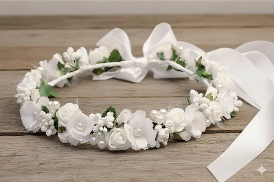 Subtelne perełki nadają wiankowi elegancji i sakramentalnego charakteru.