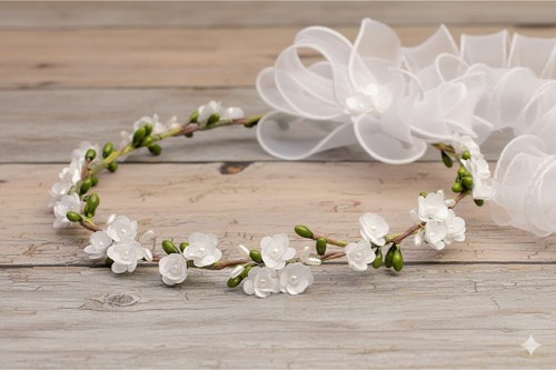 Zielone pączki subtelnie przełamują biel, nadając świeżości.