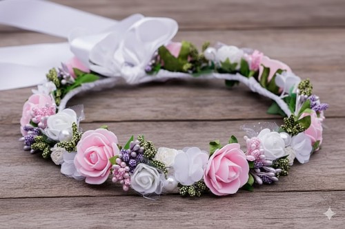 Perłowe i pastelowe akcenty dodają wiankowi subtelnego blasku.