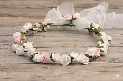 Smukła forma wianka podkreśla delikatny styl komunijny.