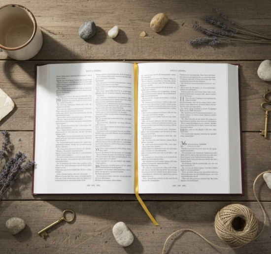 Wnętrze Biblii z ilustracjami i stronami pamiątkowymi