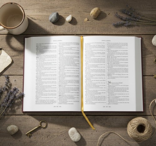 Wnętrze Biblii z ilustracjami i stronami pamiątkowymi