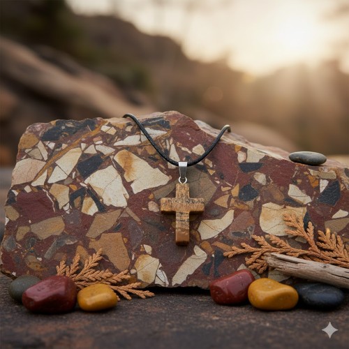 Zawieszka w formie krzyża o wysokości 2,5 cm, połączona z klasycznym czarnym sznurkiem.