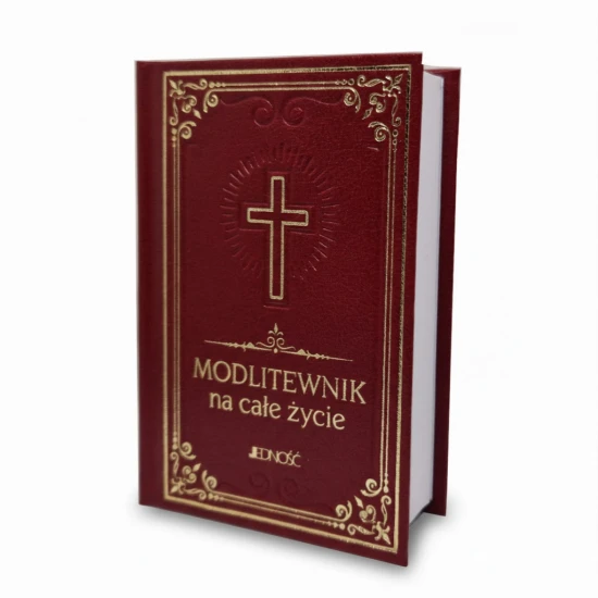 Kieszonkowy modlitewnik z twardą, bordową okładką i złoceniami.