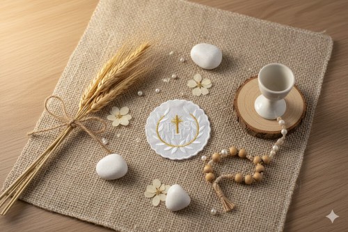 Okrągły emblemat komunijny o średnicy 7,5 cm.