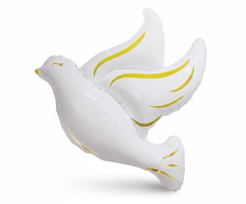 Balon foliowy w kształcie gołębia w biało-złotej kolorystyce.