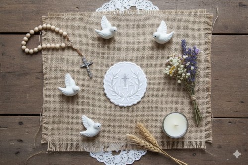 Okrągły emblemat komunijny o średnicy 7,5 cm.