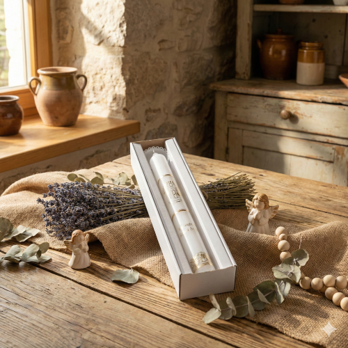 Biała świeca chrzcielna w klasycznej formie gromnicy.