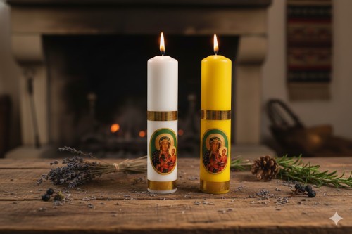 Świeca liturgiczna o wysokości 30 cm i średnicy 7,5 cm.