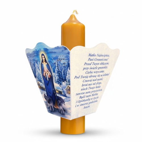 Papierowy okapnik na świecę z motywem Matki Bożej Gromnicznej.