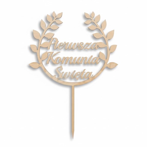 Drewniany topper z napisem „Pierwsza Komunia Święta”.