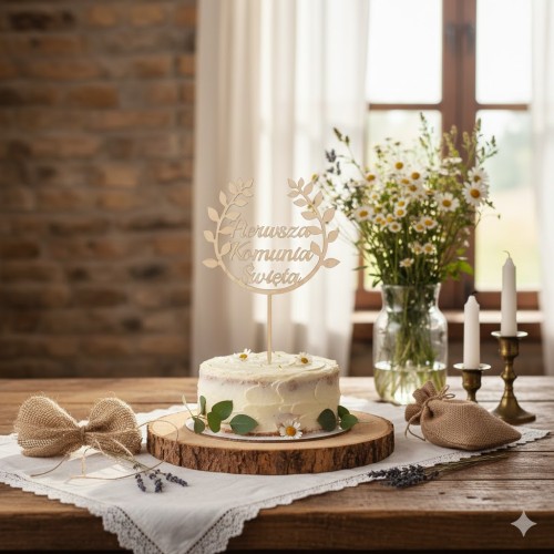 Dekoracja tortowa z motywem wianka roślinnego.
