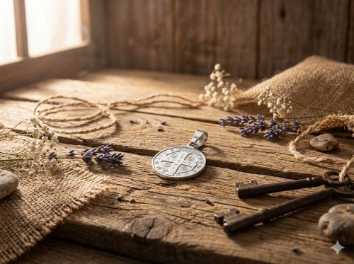 Dwustronny medalik wykonany ze srebra próby 925.